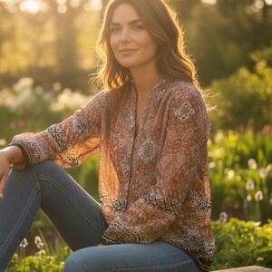 Terracotta Bohemian Medallion Print‎ Button Front Blouse Women's Size M Peasant